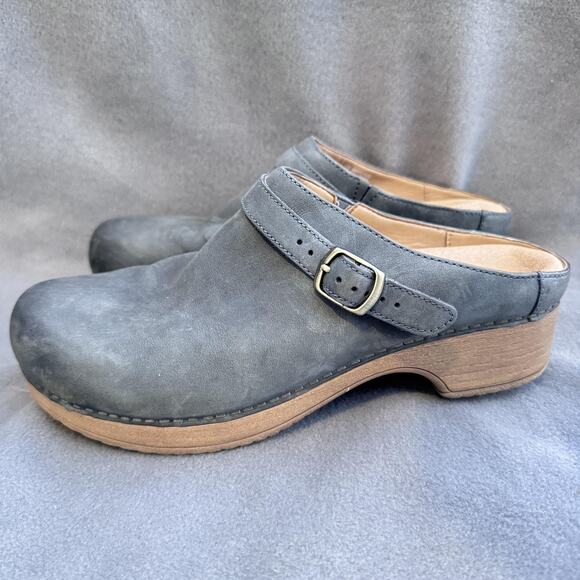 Dansko Shoes Womens Size 39 Gray Leather Ingrid Clog Mule Slip On Buckle Comfort - Picture 1 of 10